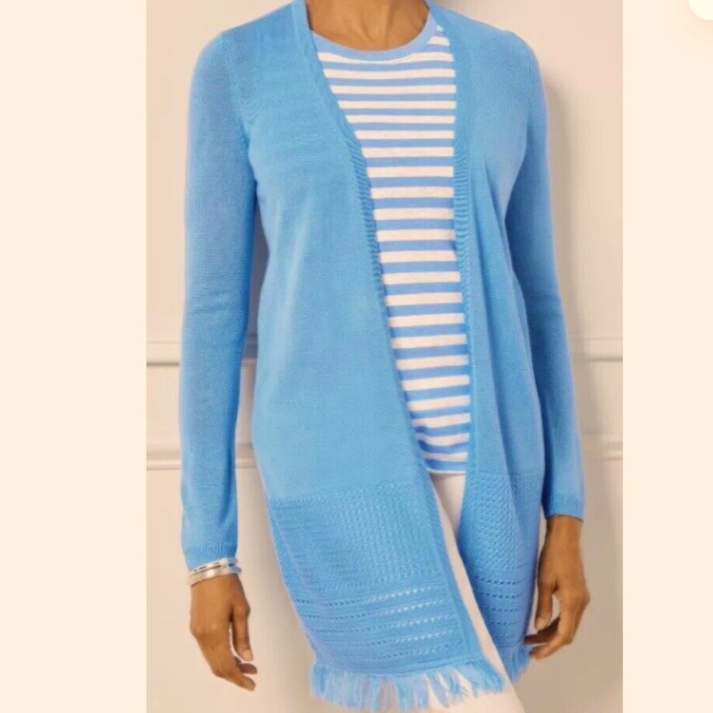 Talbot’s Textured Fringe Open Front Cardigan Coastal Lagenlook